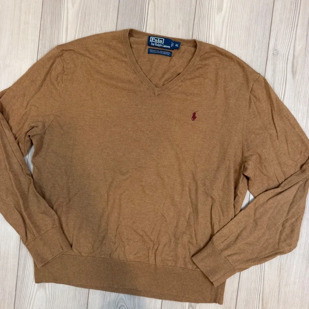 Polo Ralph Lauren Mens XL Brown V-Neck Cotton Cashmere Knit Pony Logo Sweater